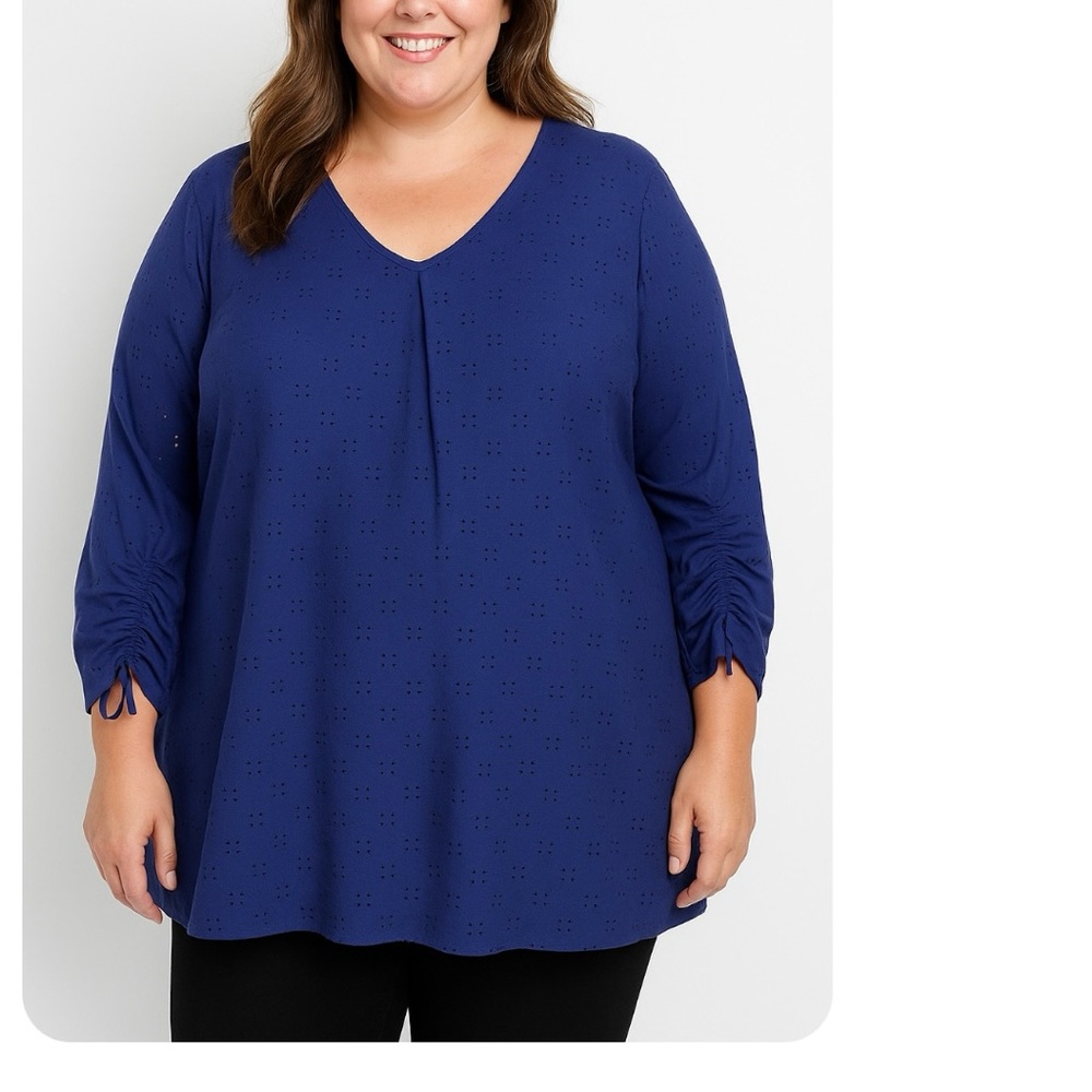 Catherines‎ Navy Eyelet Stretchy V Neck Tie Sleeve Shirt Size 4X